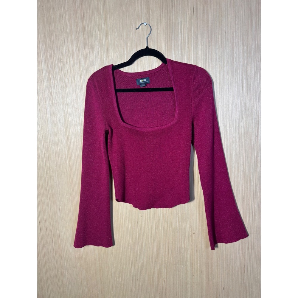 Maeve Anthropologie Magenta Pink Metallic Shimmer Square Neck Bell Sleeve Top S